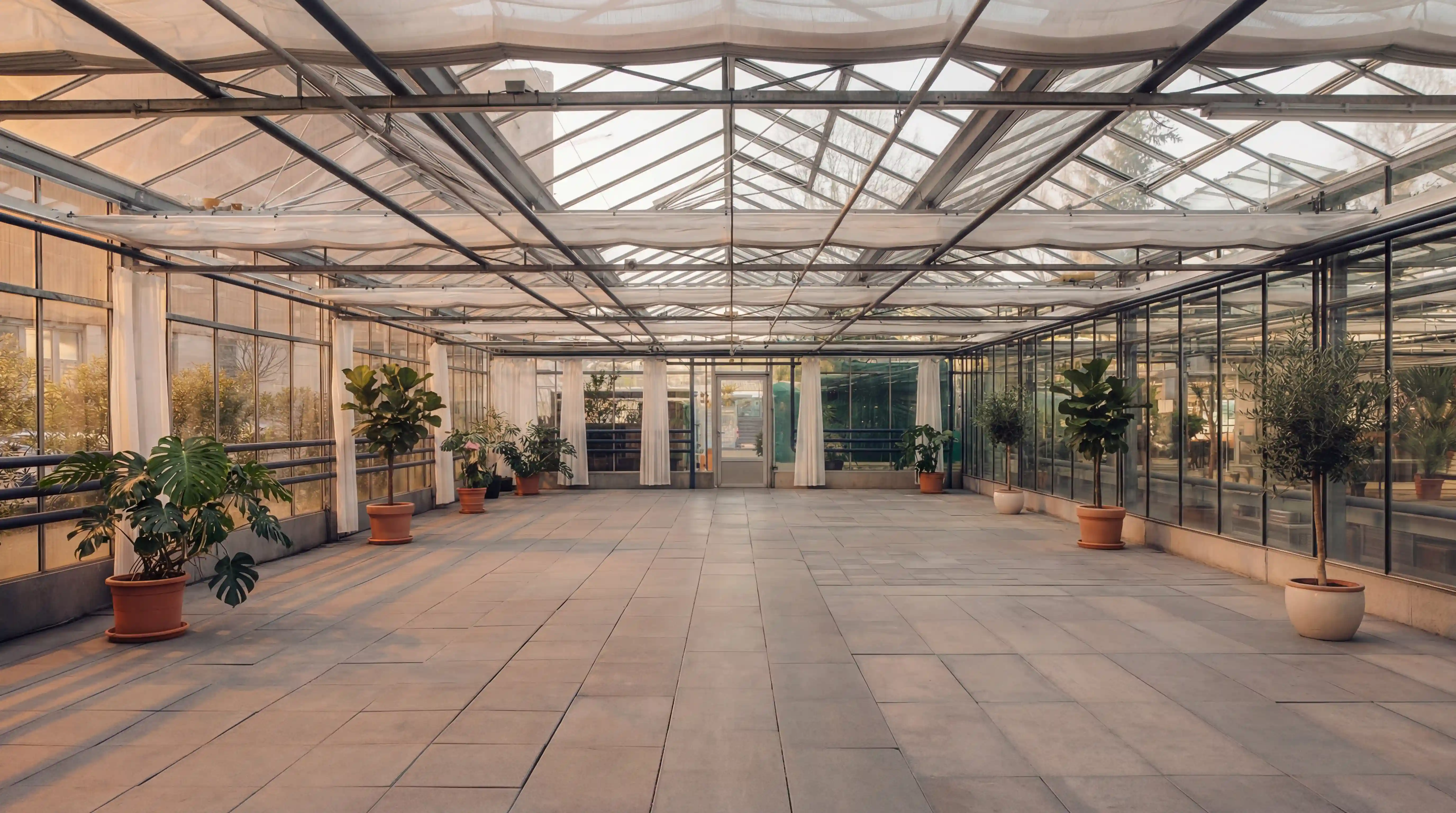 Schattenhaus der Gärtnerei Volk am Abend — Eventlocation im Gewächshaus
