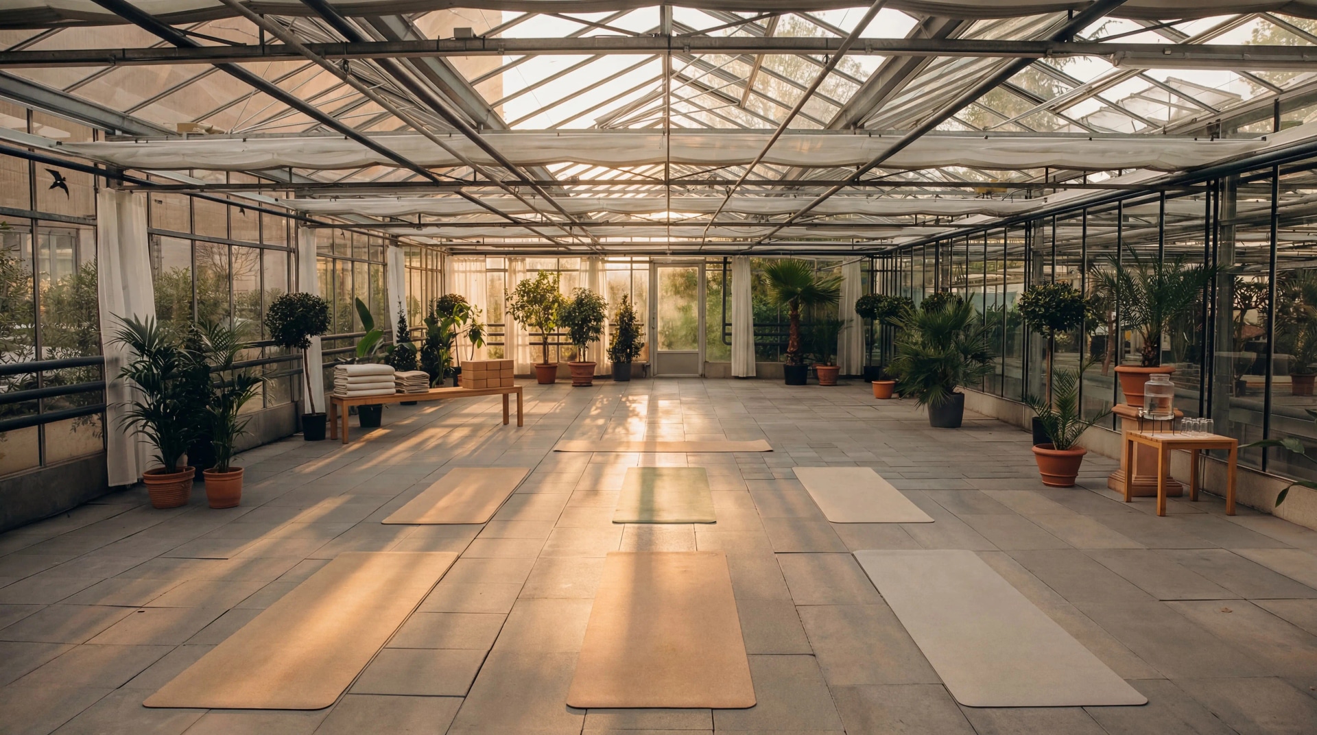 Yoga im Gewächshaus der Gärtnerei Volk in Braunschweig am Abend